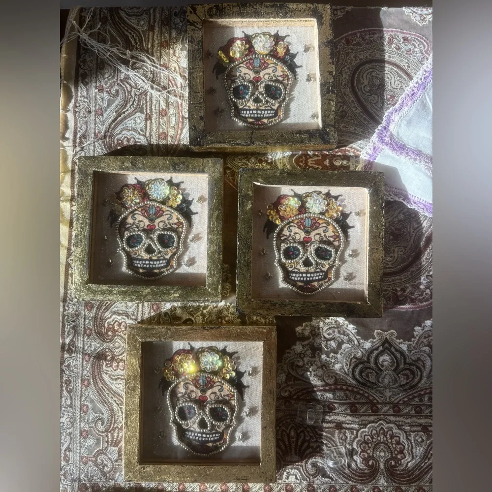 Beaded Sugar Skull Day of the Dead coaster tray wall decor Set